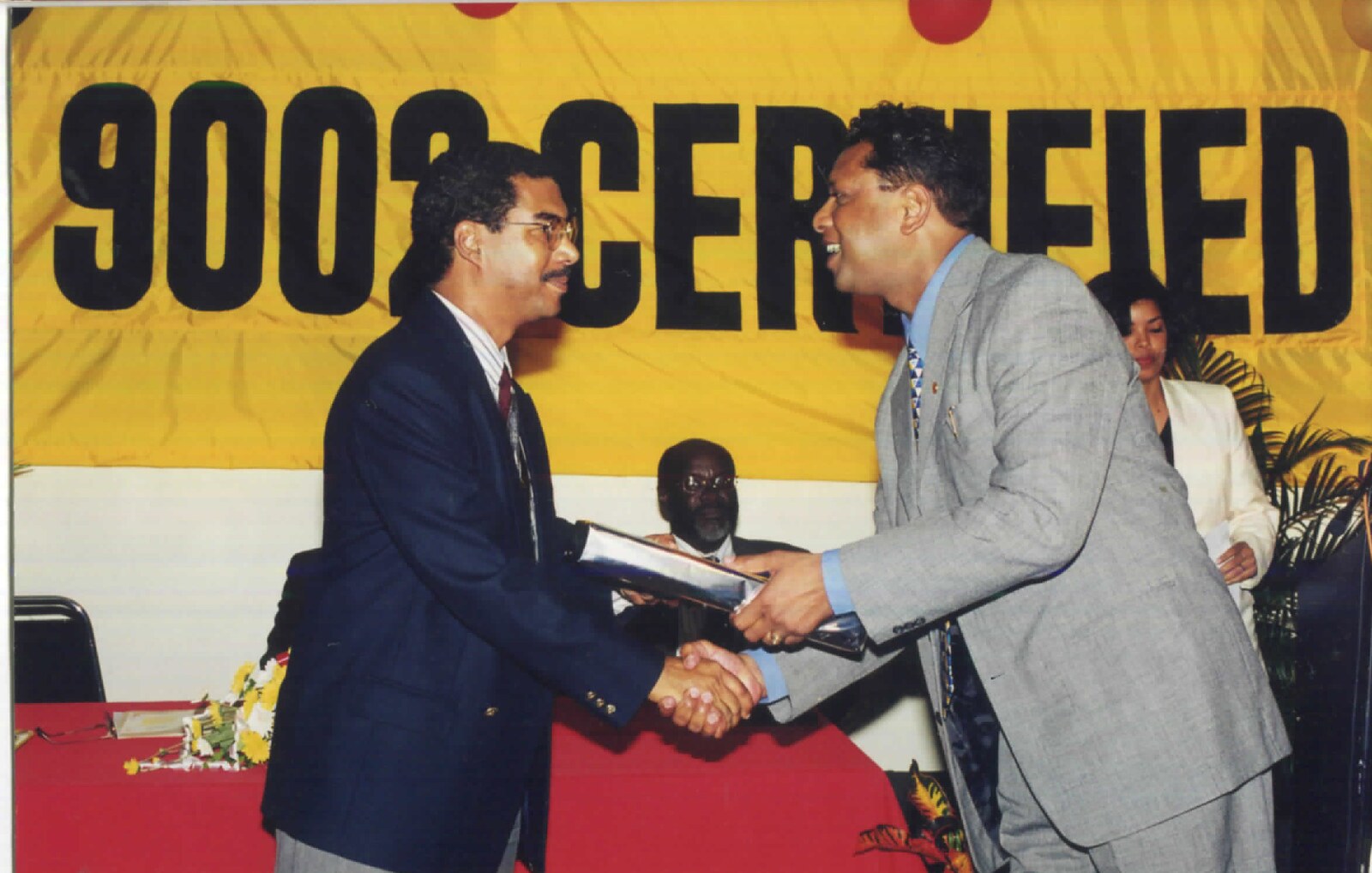 Seeram Ken Maharaj with Richard Joseph during Trinidad Aggregate Products Limited's ISO 9002 certification